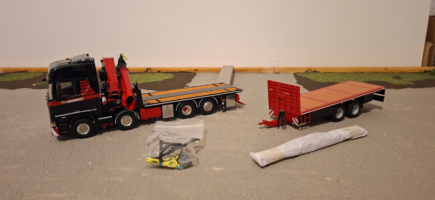Mammoet Scania R Highline 8x2 + load crane with 2 mid axle flatbed trailer