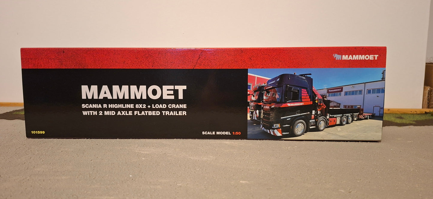 Mammoet Scania R Highline 8x2 + load crane with 2 mid axle flatbed trailer