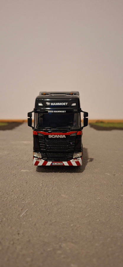 Mammoet Scania R Highline 8x2 + load crane with 2 mid axle flatbed trailer